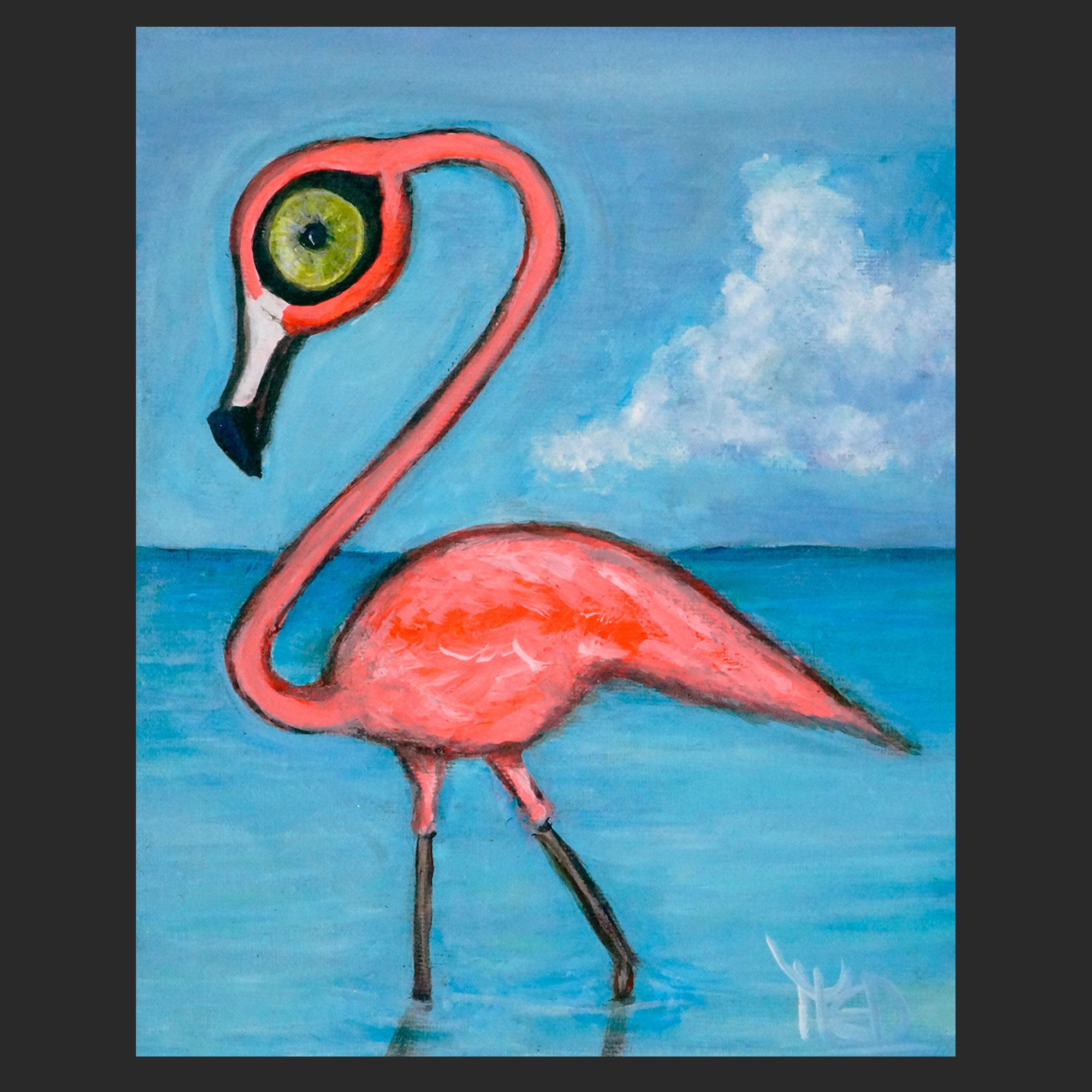 Florida Flamingo Seascape • Acrylic Painting • 8"x10"